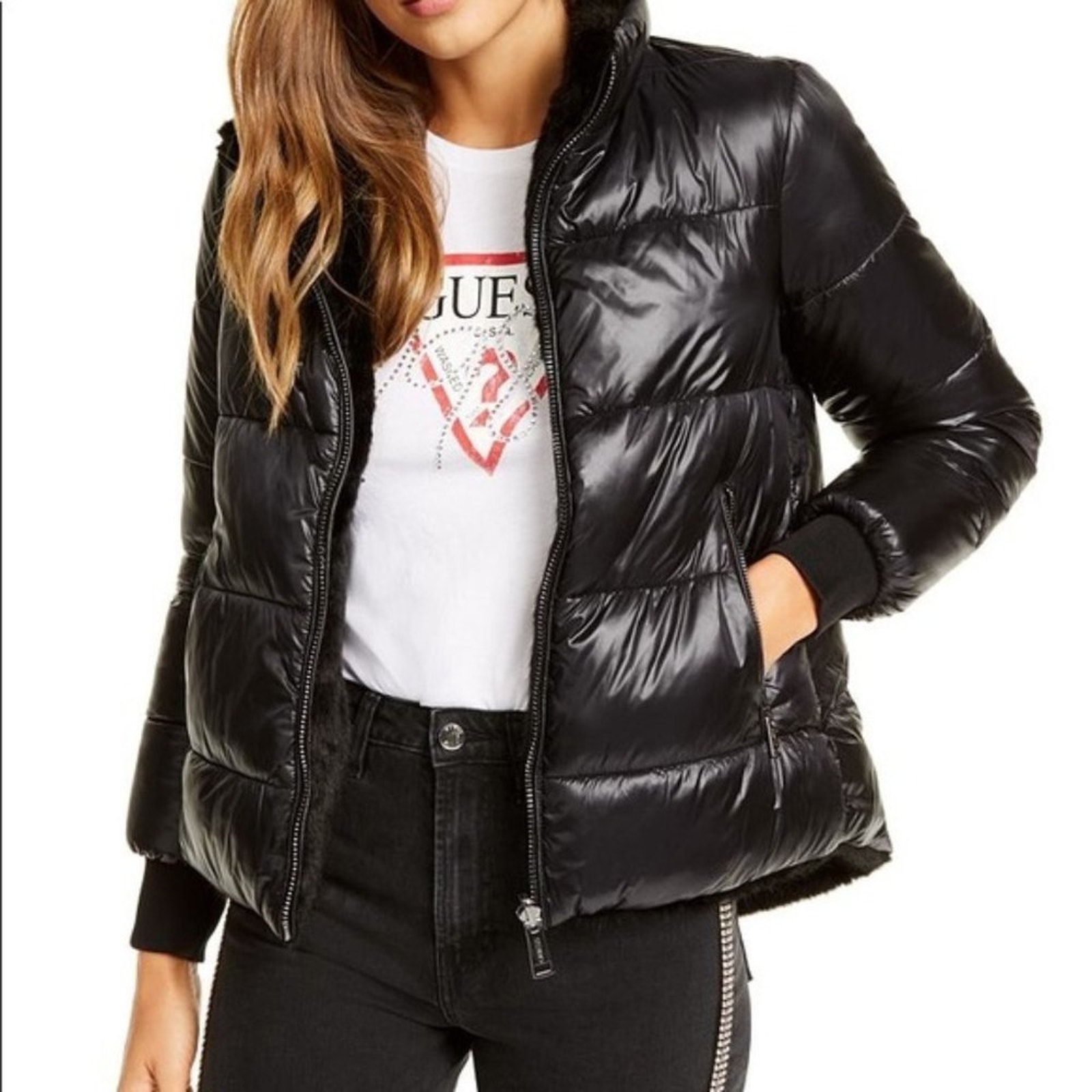 Guess Felicia Reversible Faux Fur Puffer Coat Black Xl Nwt